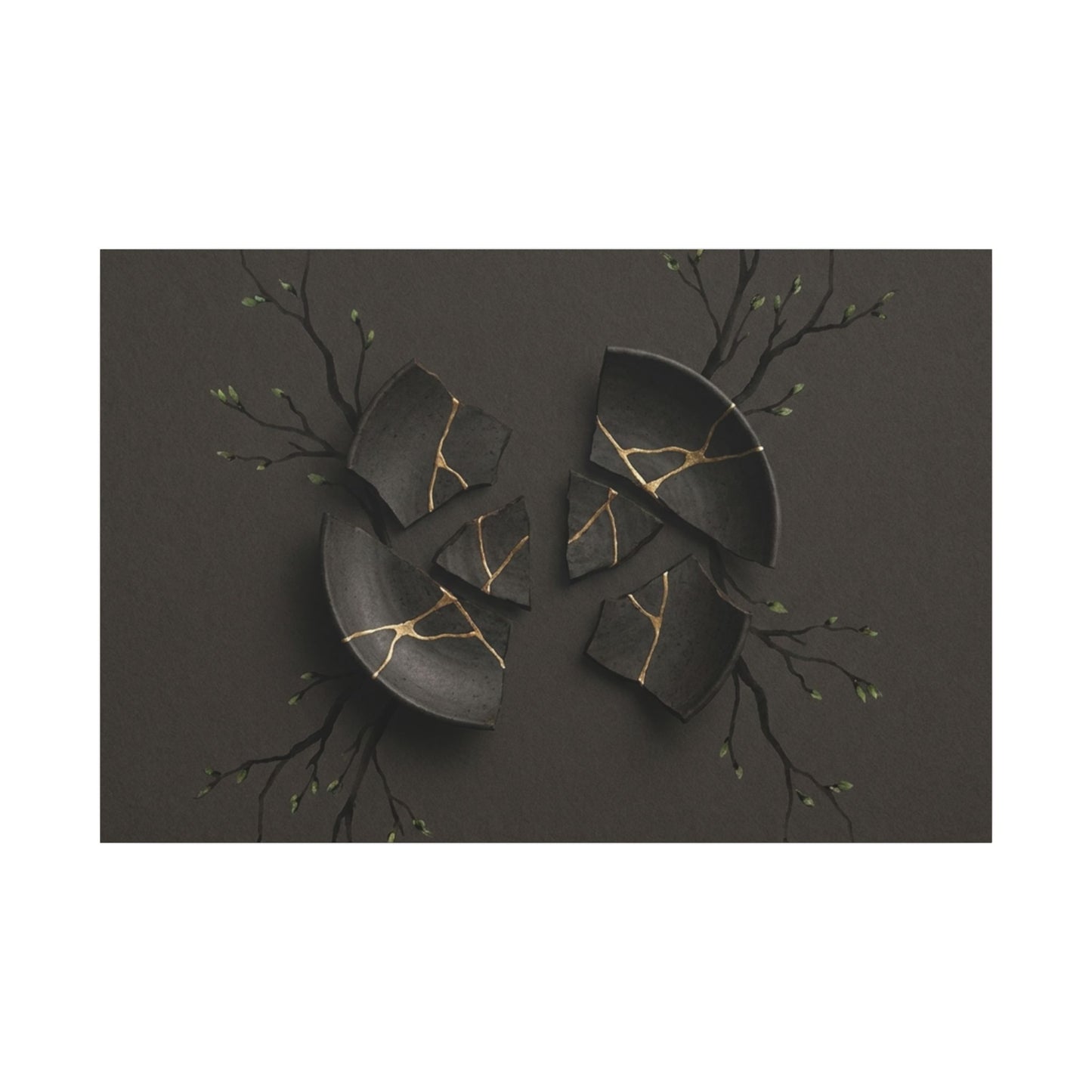 Sophisticated Broken Pottery Canvas Art - Charcoal Ink Dark Japandi