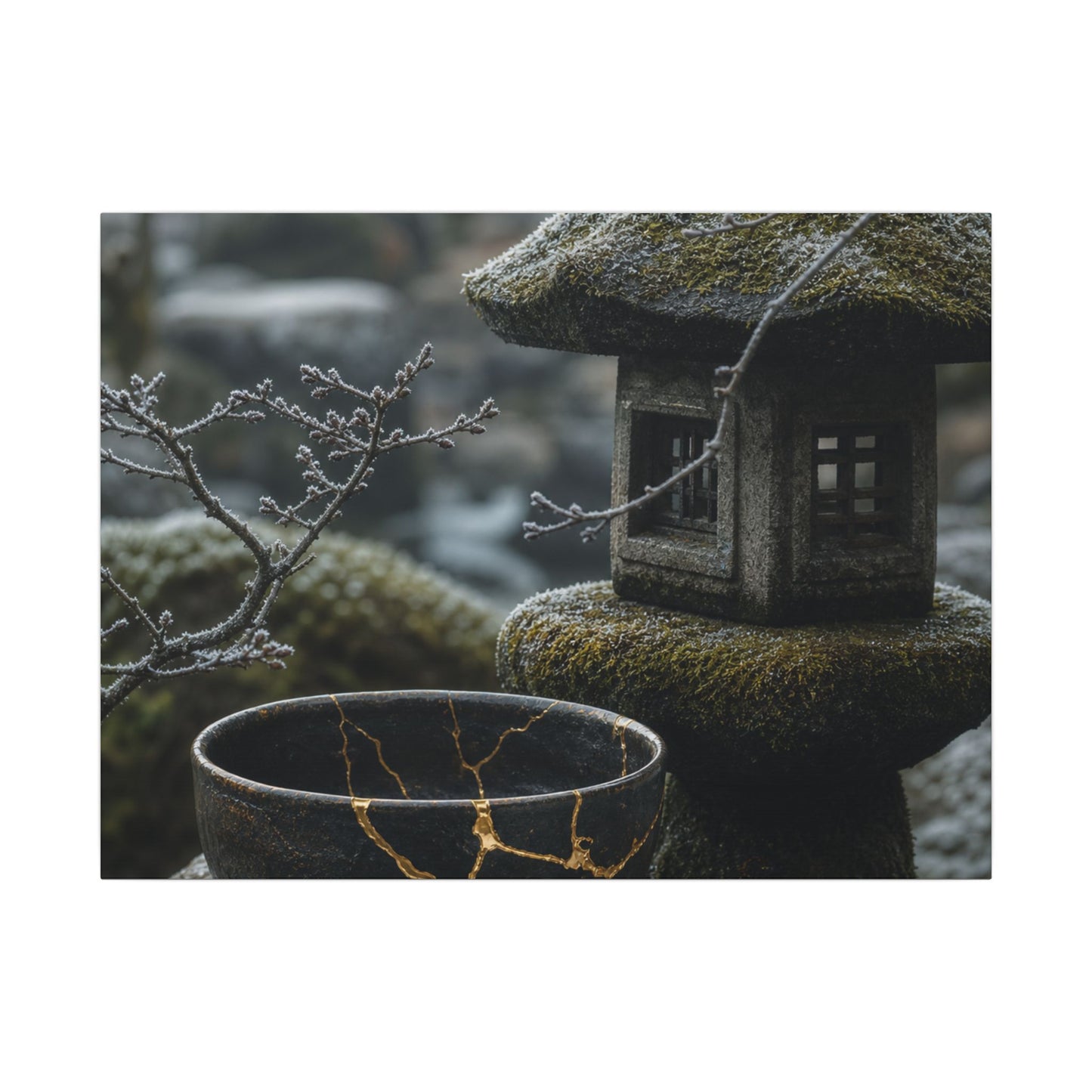Stone Lantern Canvas Art | Winter Kintsugi Gold Repair Art