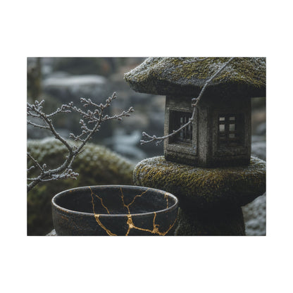 Stone Lantern Canvas Art | Winter Kintsugi Gold Repair Art