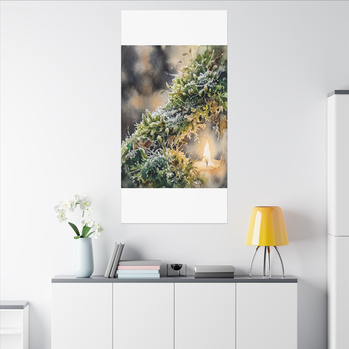 Winter Moss Close Up Watercolor Canvas Art | Neutral Decor
