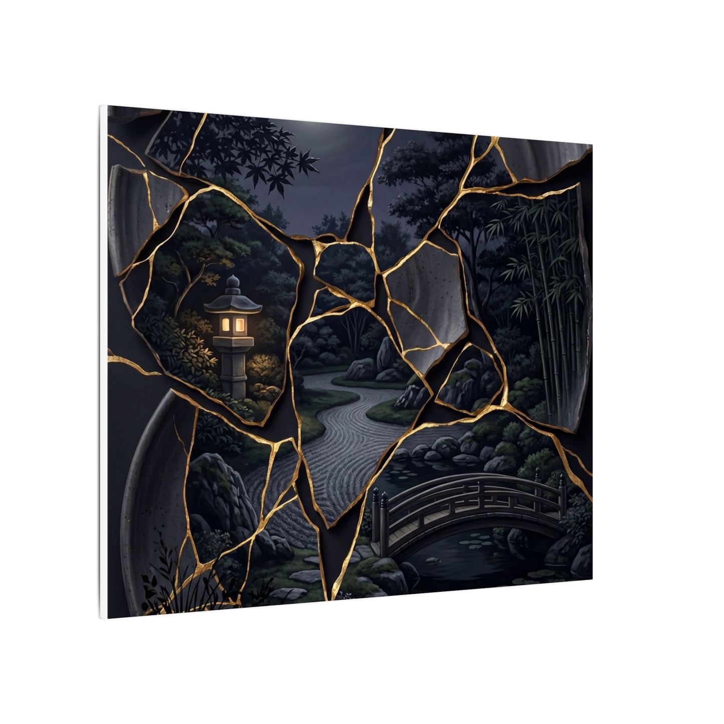 Kintsugi Moonlit Garden in Golden Hour | Gold Repair Canvas Art