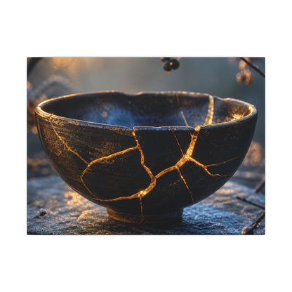 Ceramic Bowl Canvas Art | Winter Kintsugi Gold Repair Art