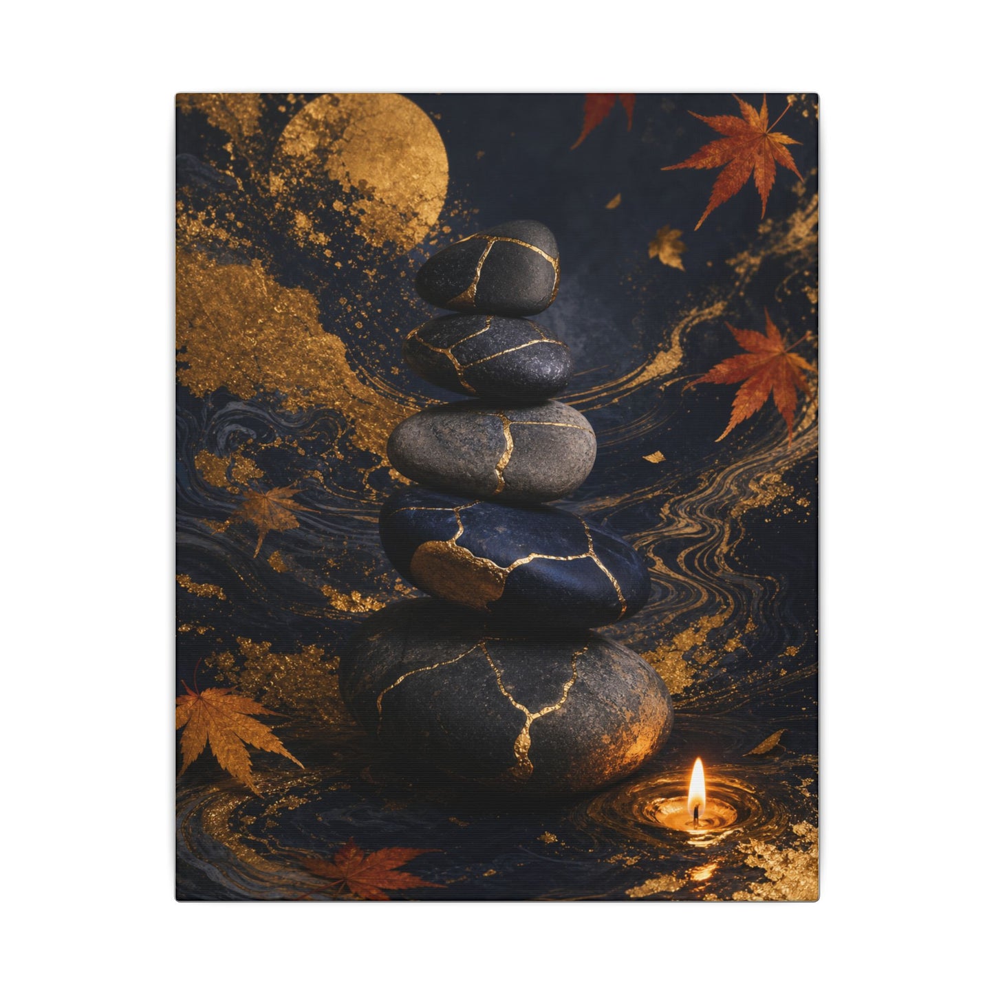 River Stones Autumn Canvas Art | Kintsugi Artful Design