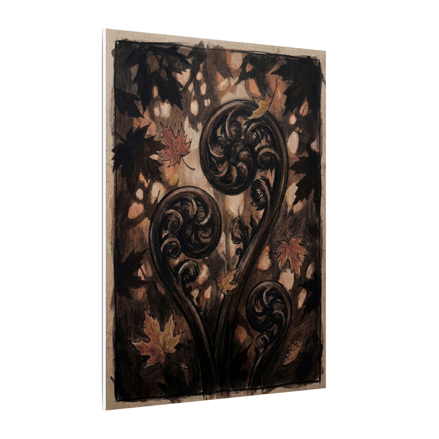 Mono No Aware Fern Unfurling Canvas Art - Dark Japandi Charcoal Ink