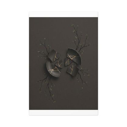 Sophisticated Broken Pottery Canvas Art - Charcoal Ink Dark Japandi