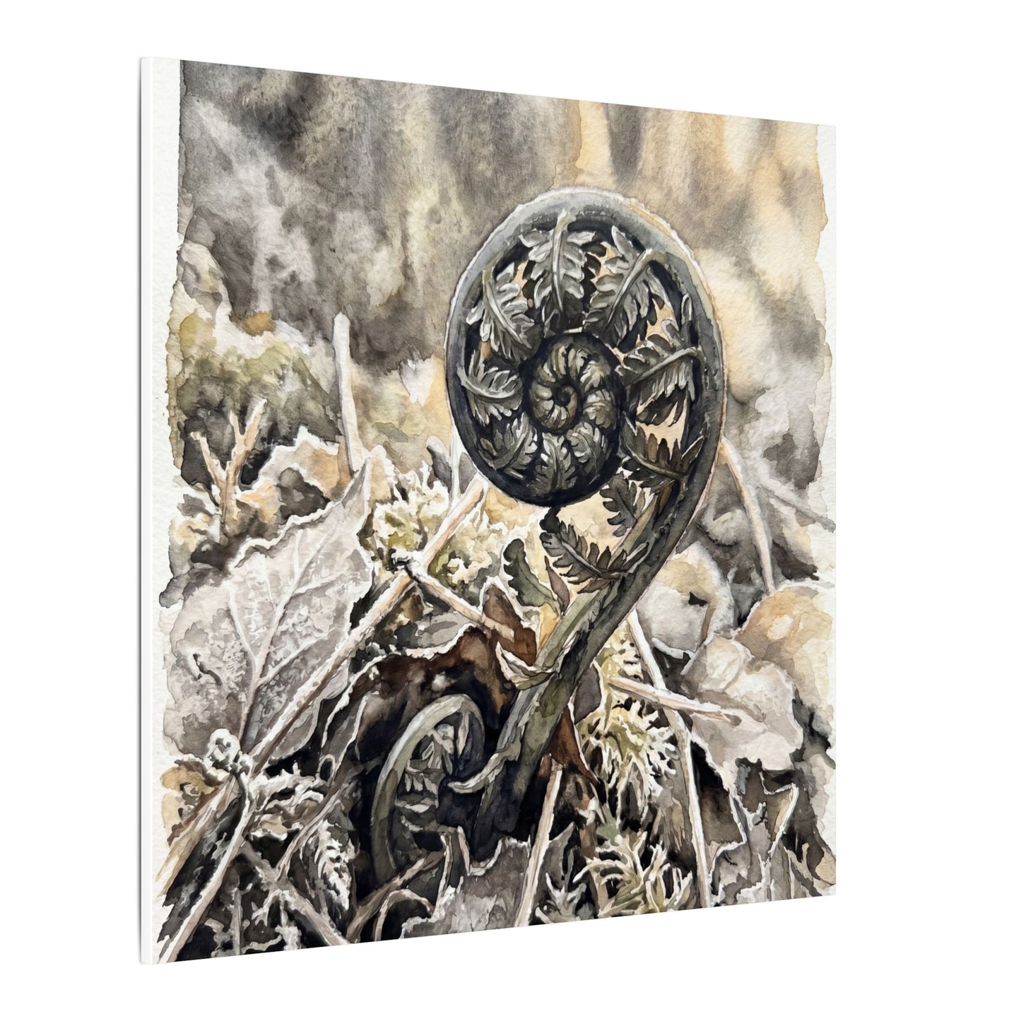 Japandi Fern Unfurling in Golden Hour | Watercolor Canvas Art