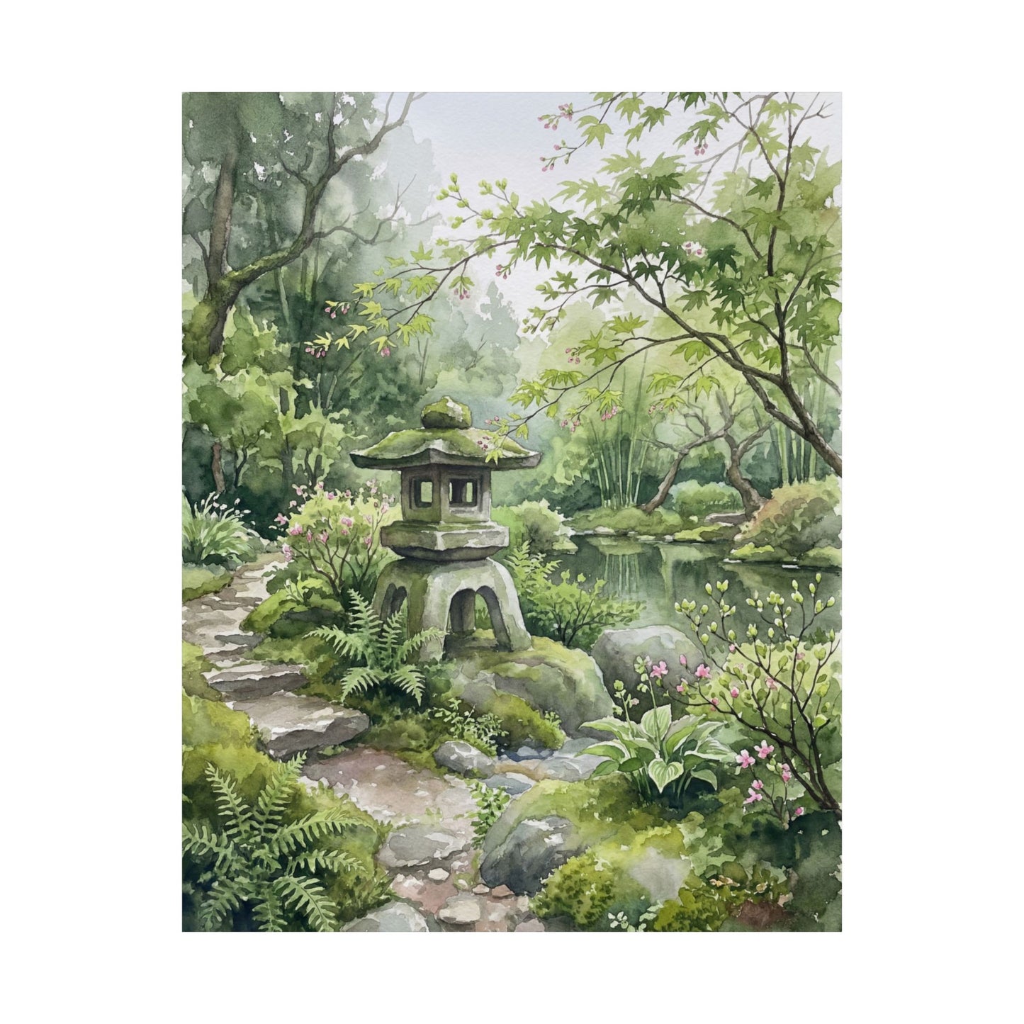 Stone Lantern Spring Wall Art Print | Japandi Elegant Design