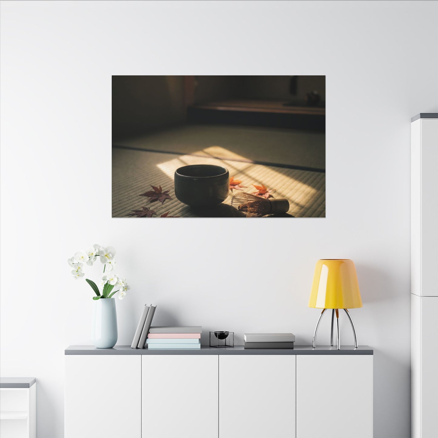 Dark Japandi Tea Ceremony in Golden Hour | Moody Minimal Canvas Art