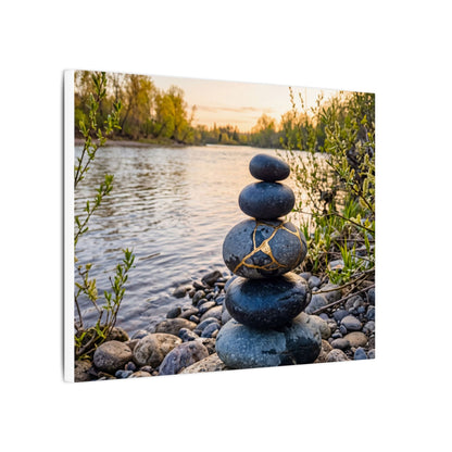 Kintsugi River Stones in Golden Hour | Gold Vein Canvas Art