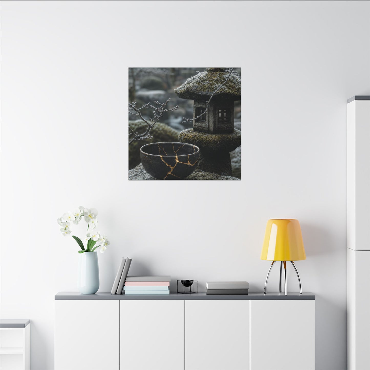 Stone Lantern Canvas Art | Winter Kintsugi Gold Repair Art