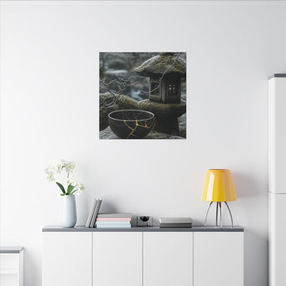 Stone Lantern Canvas Art | Winter Kintsugi Gold Repair Art