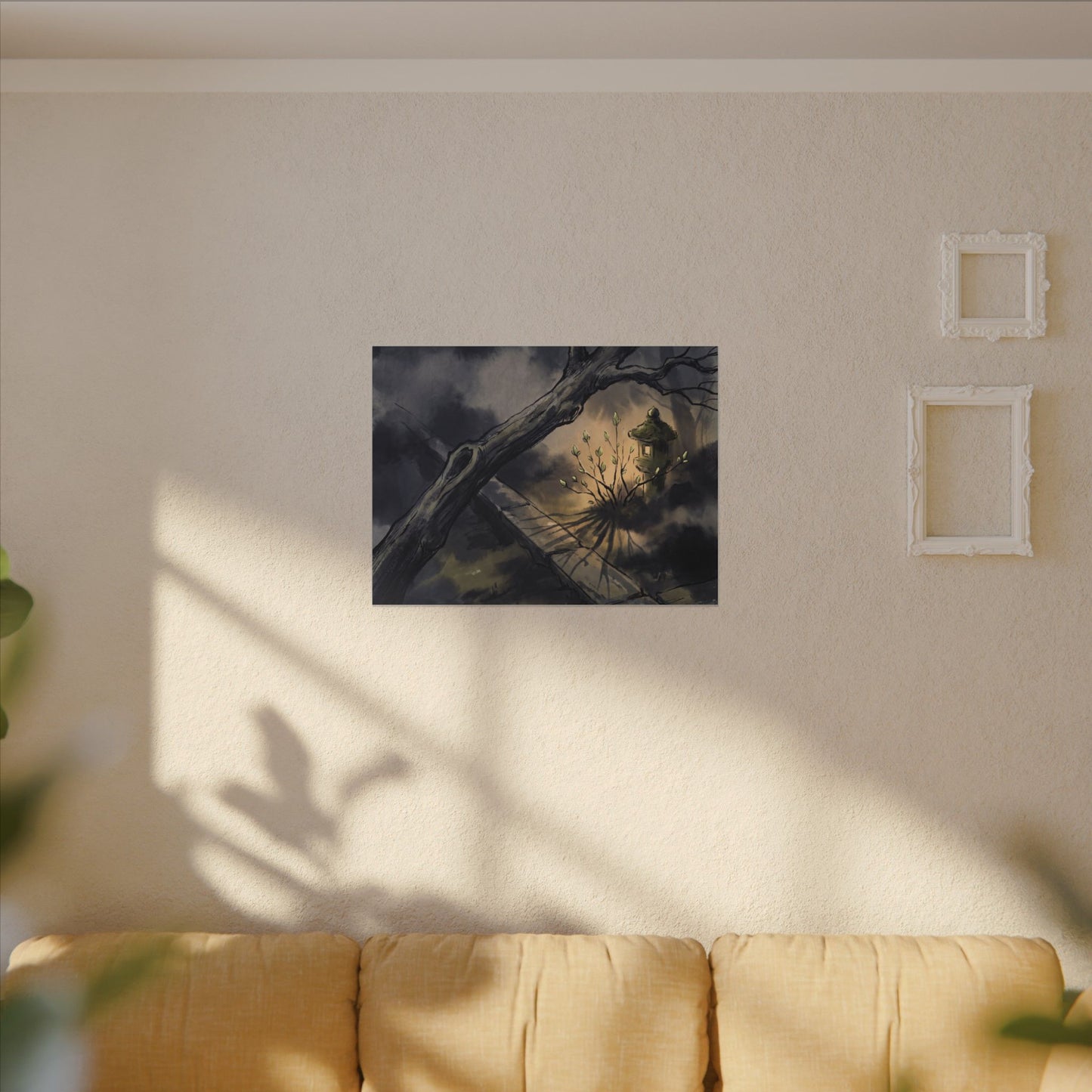 Dark Japandi Moonlit Garden in Golden Hour | Charcoal Ink Canvas Art