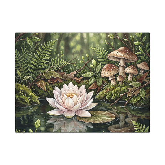 Lotus Flower Canvas Art | Spring Cottagecore Mushroom Illustration Art