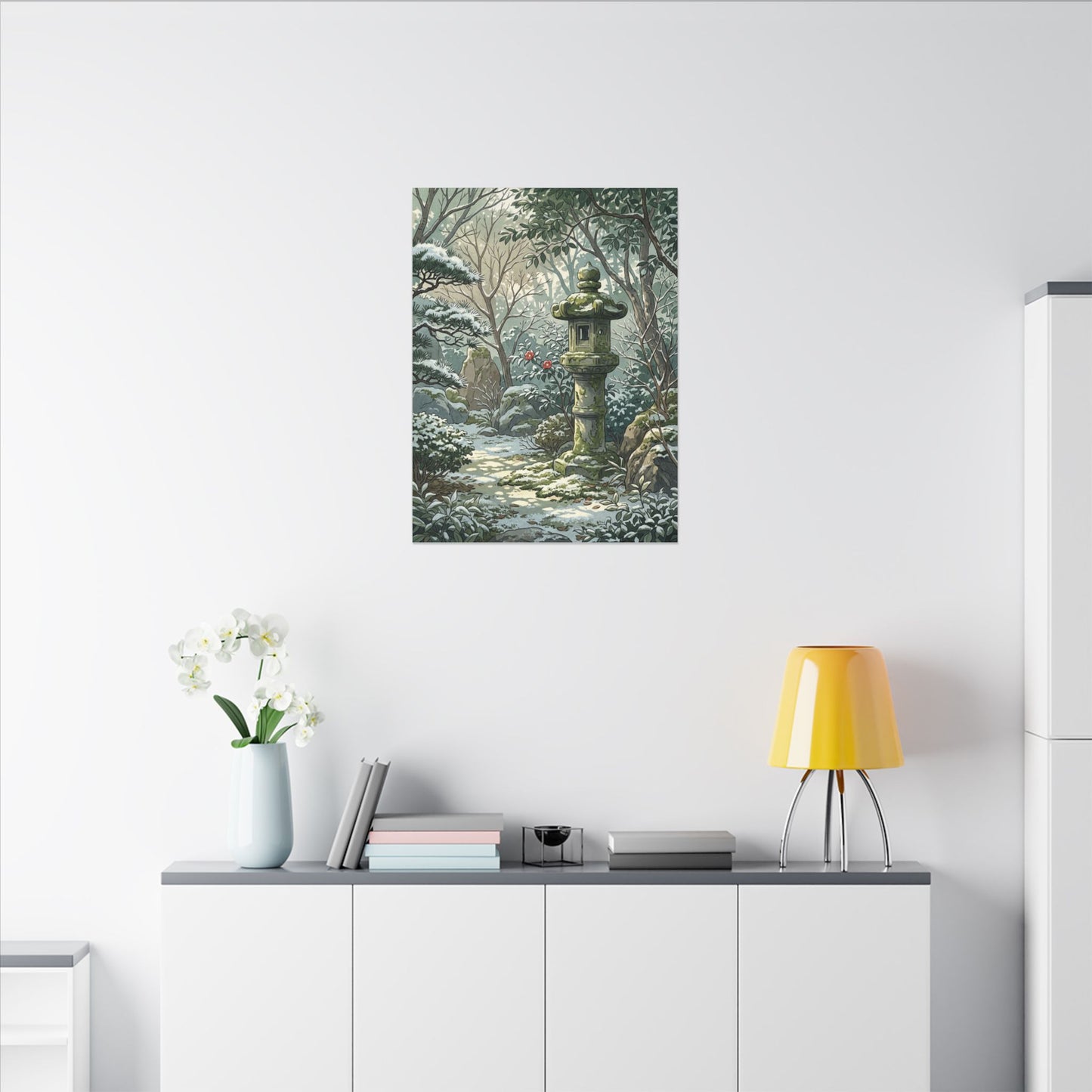 Stone Lantern Winter Canvas Art | Japandi Warm Design