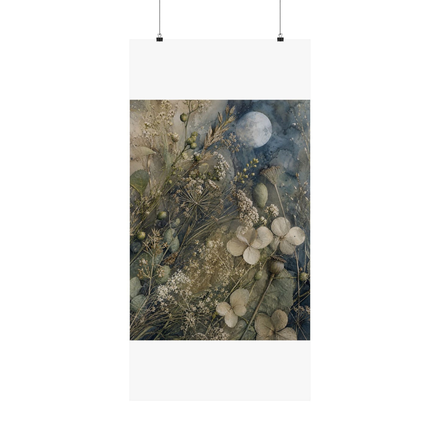 Japandi Dried Flowers in Moonlight | Watercolor Wall Art Print