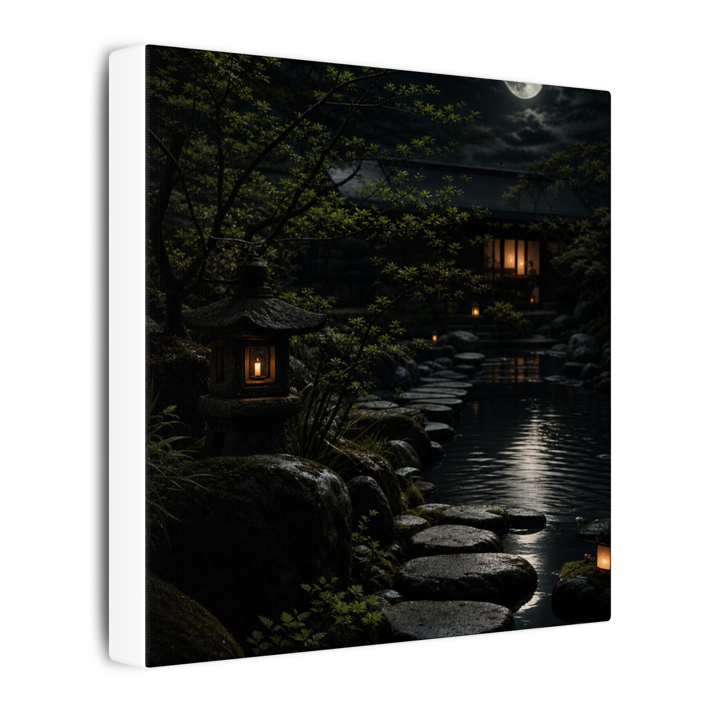 Moonlit Garden Shadow Zen Canvas Art | Sophisticated Dark Japandi Art