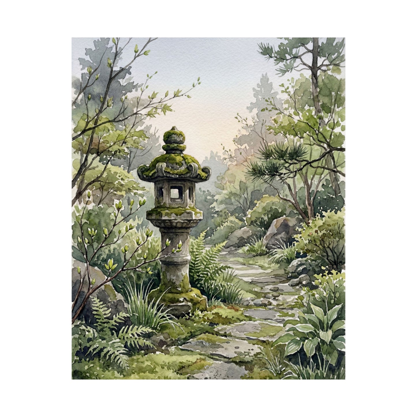 Japandi Stone Lantern in Dawn | Watercolor Wall Art Print
