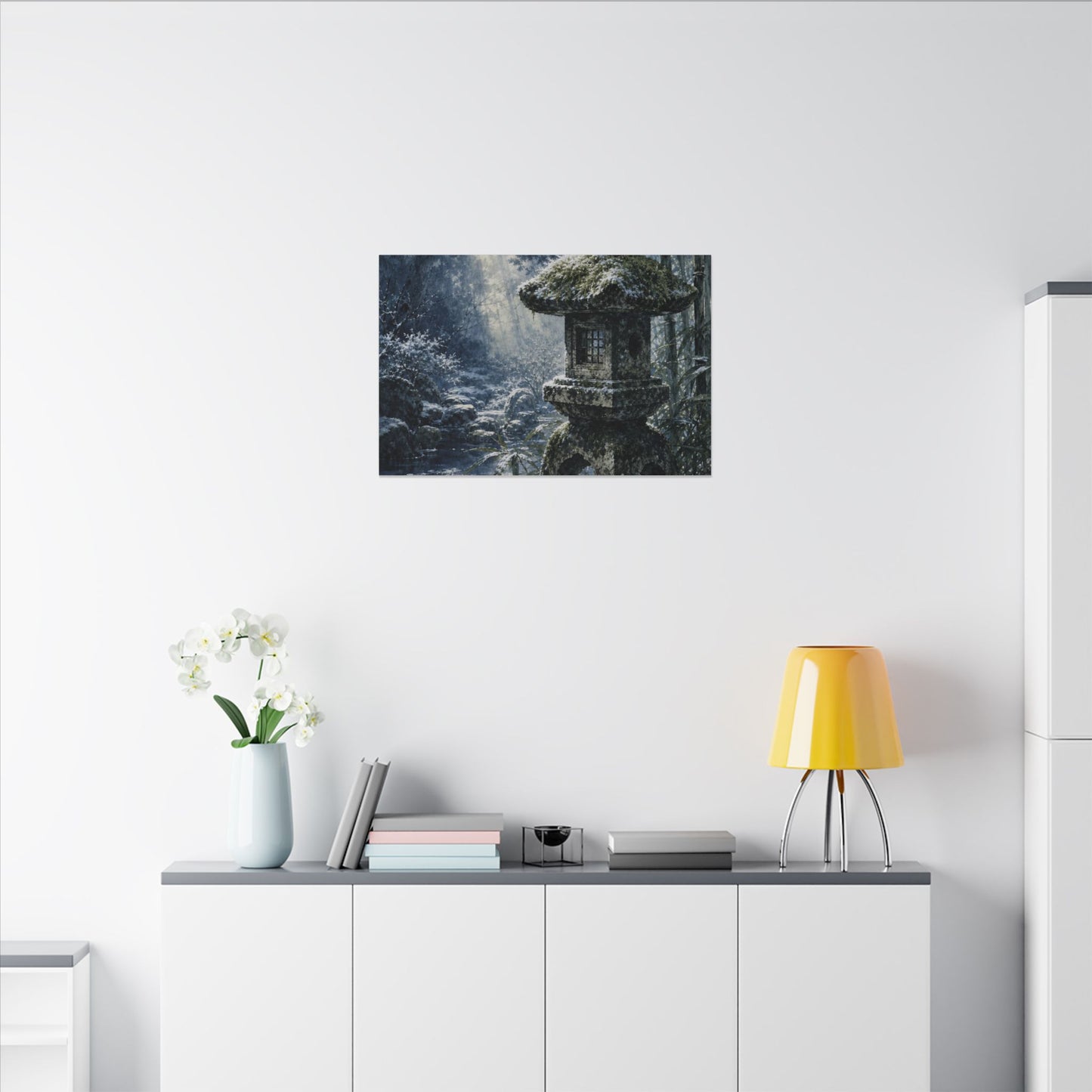 Zen Stone Lantern in Dappled | Sumi E Canvas Art