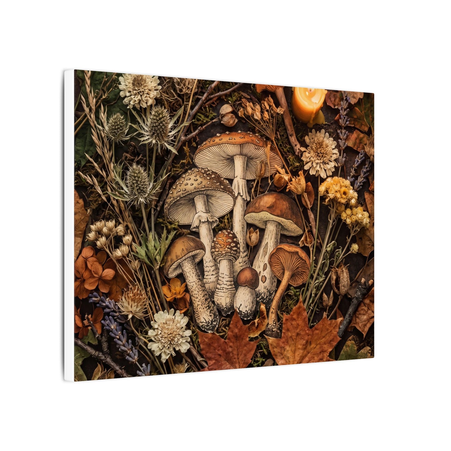 Autumn Dried Flowers Mushroom Illustration Canvas Art | Earthy Decor