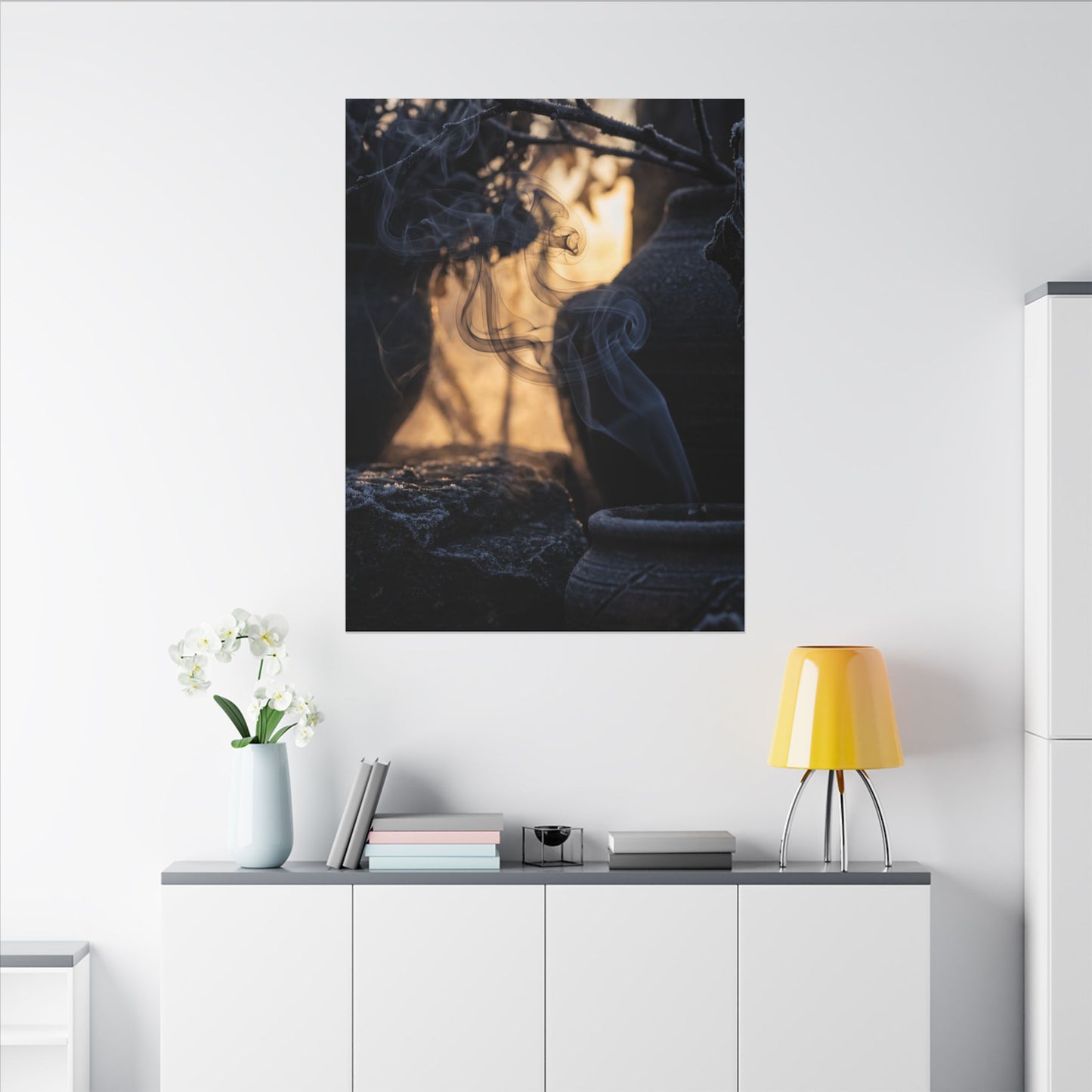 Incense Smoke Canvas Art | Winter Dark Japandi Shadow Zen Art