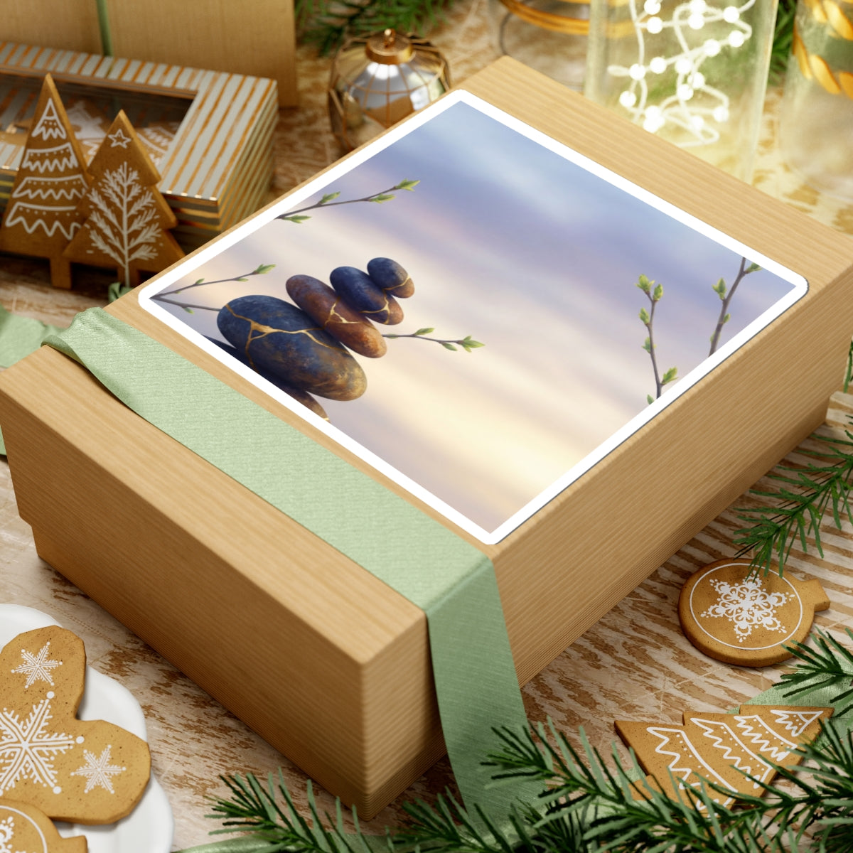Kintsugi River Stones in Dawn | Gold Vein Sticker Art Print