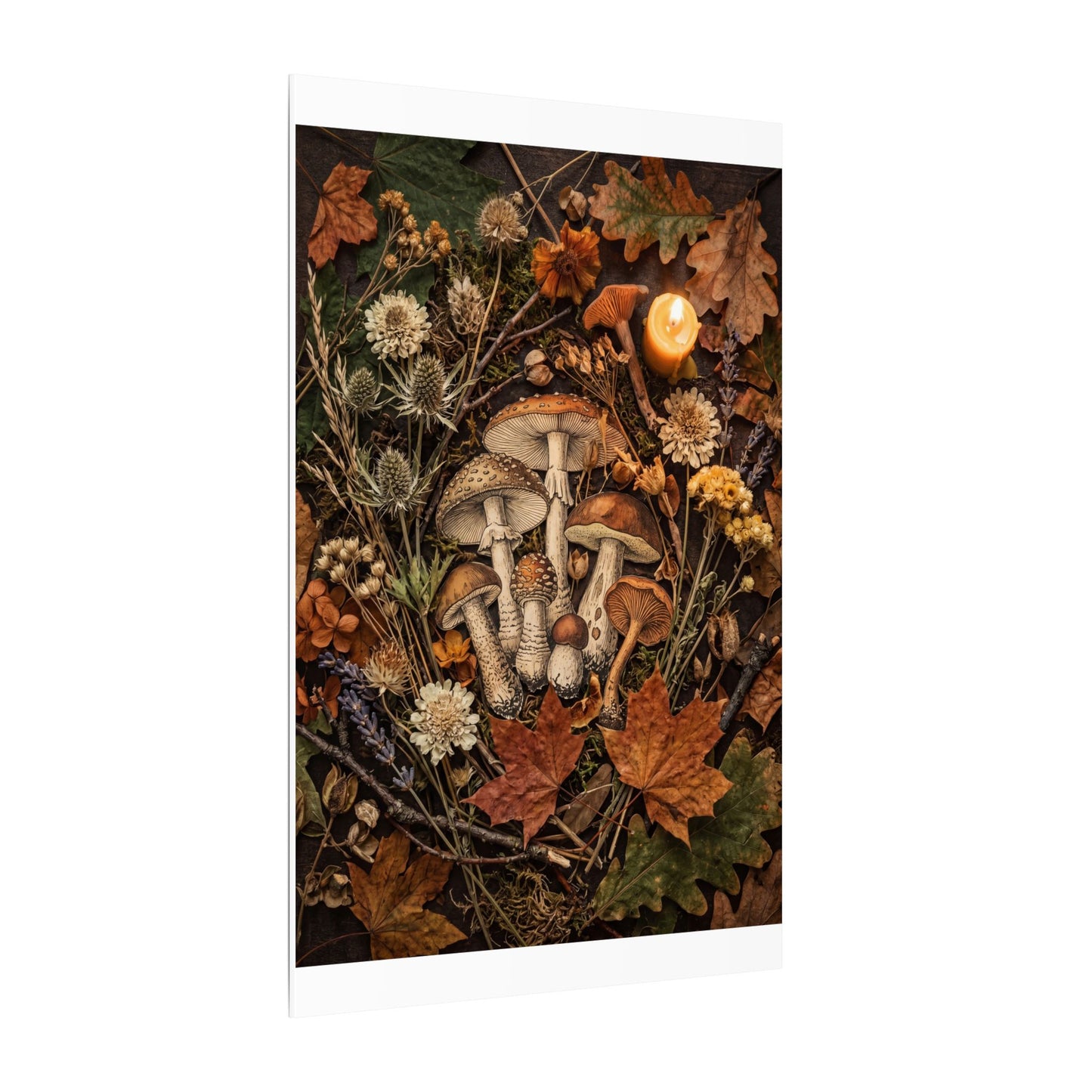Autumn Dried Flowers Mushroom Illustration Canvas Art | Earthy Decor