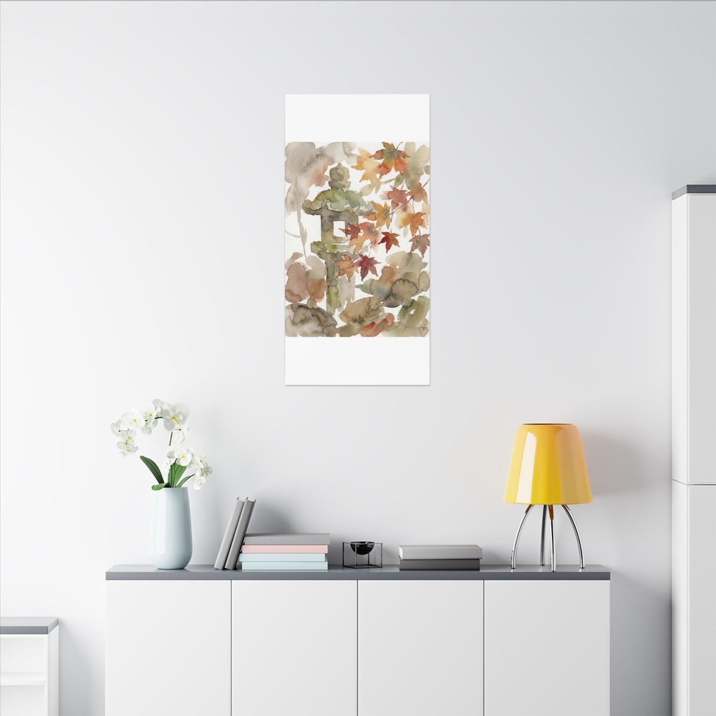 Stone Lantern Watercolor Canvas Art | Earthy Japandi Art