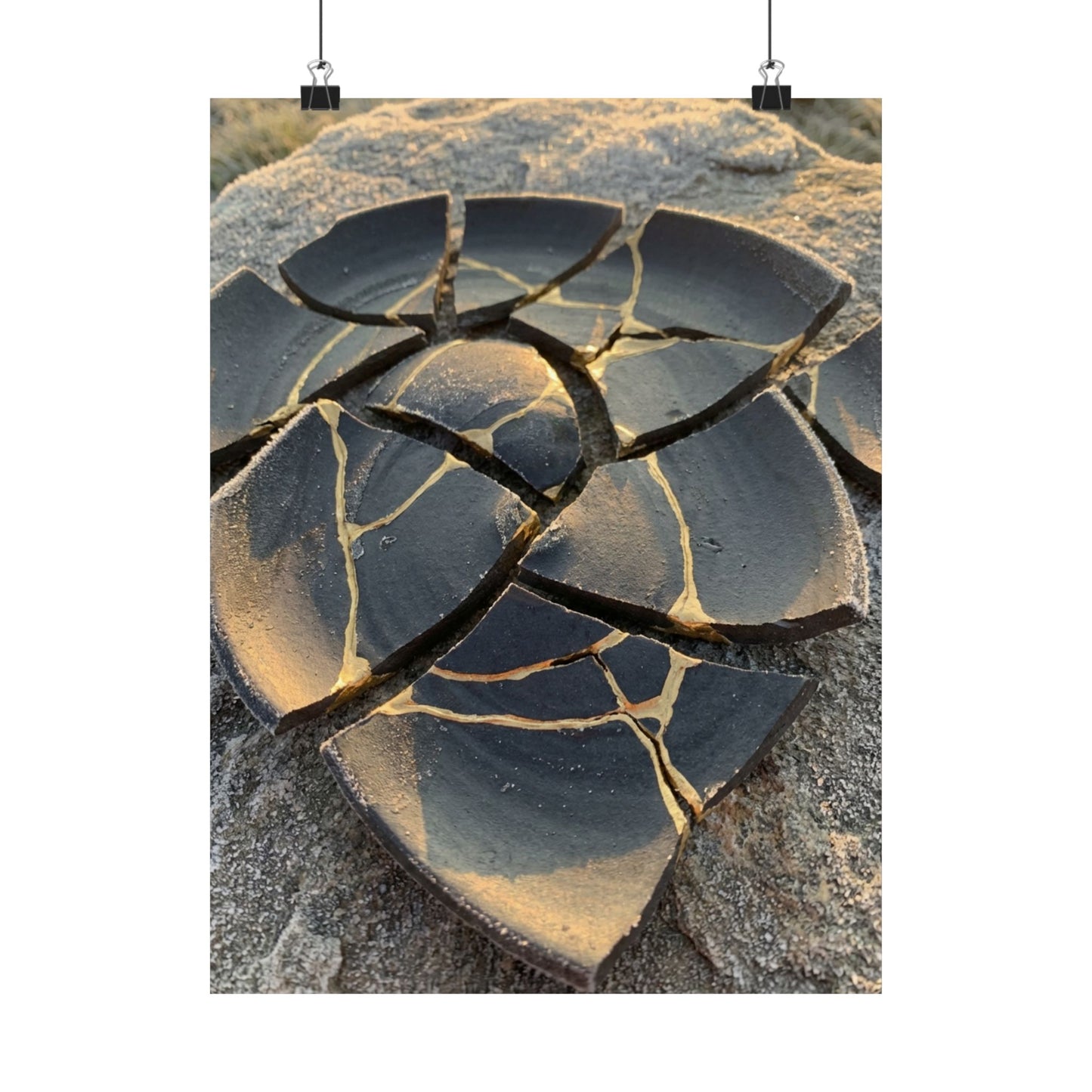 Broken Pottery Wall Art Print | Winter Kintsugi Gold Vein Art Art Print
