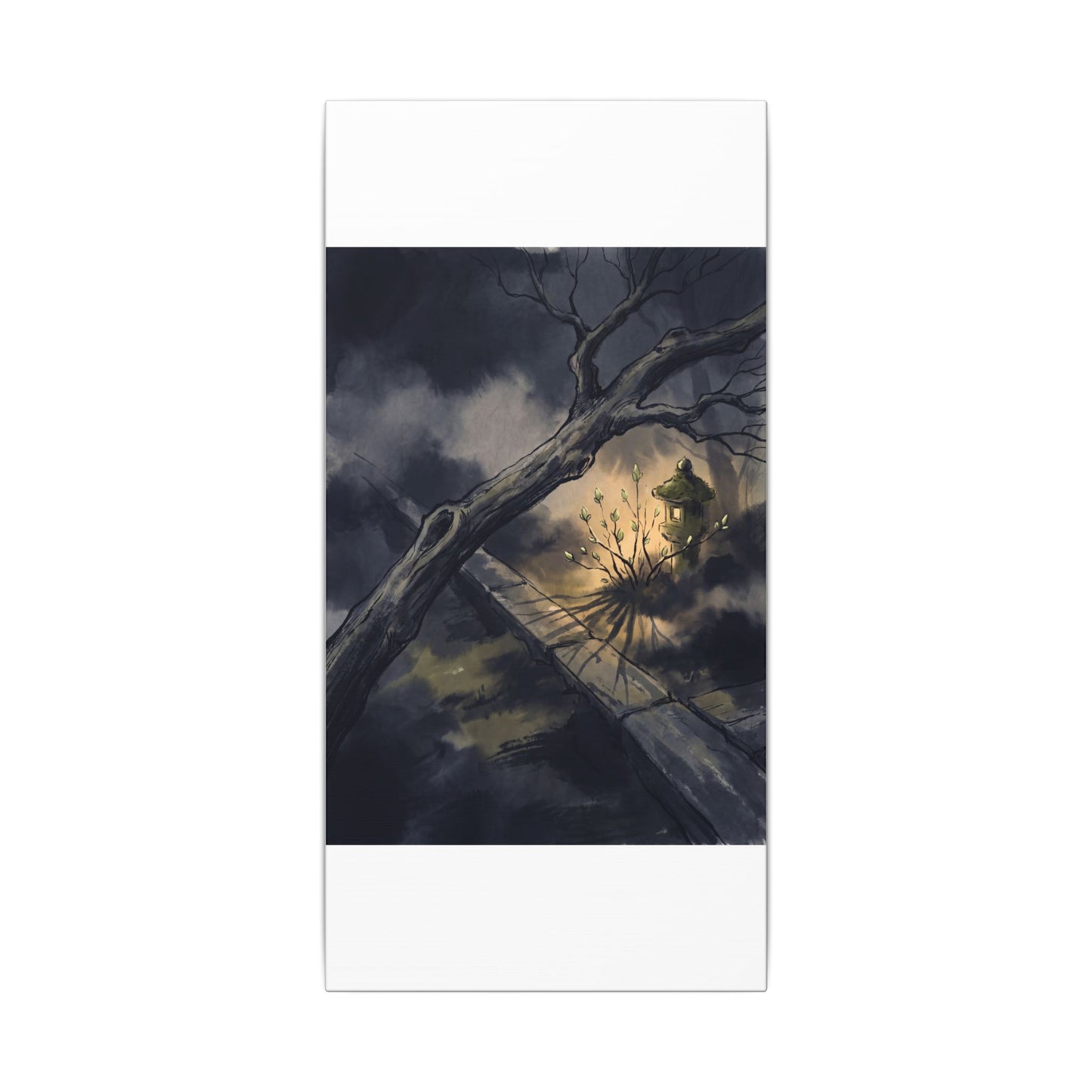 Dark Japandi Moonlit Garden in Golden Hour | Charcoal Ink Canvas Art