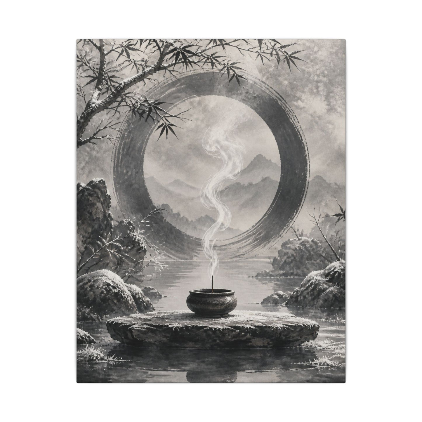 Incense Smoke Canvas Art | Winter Zen Sumi E Art