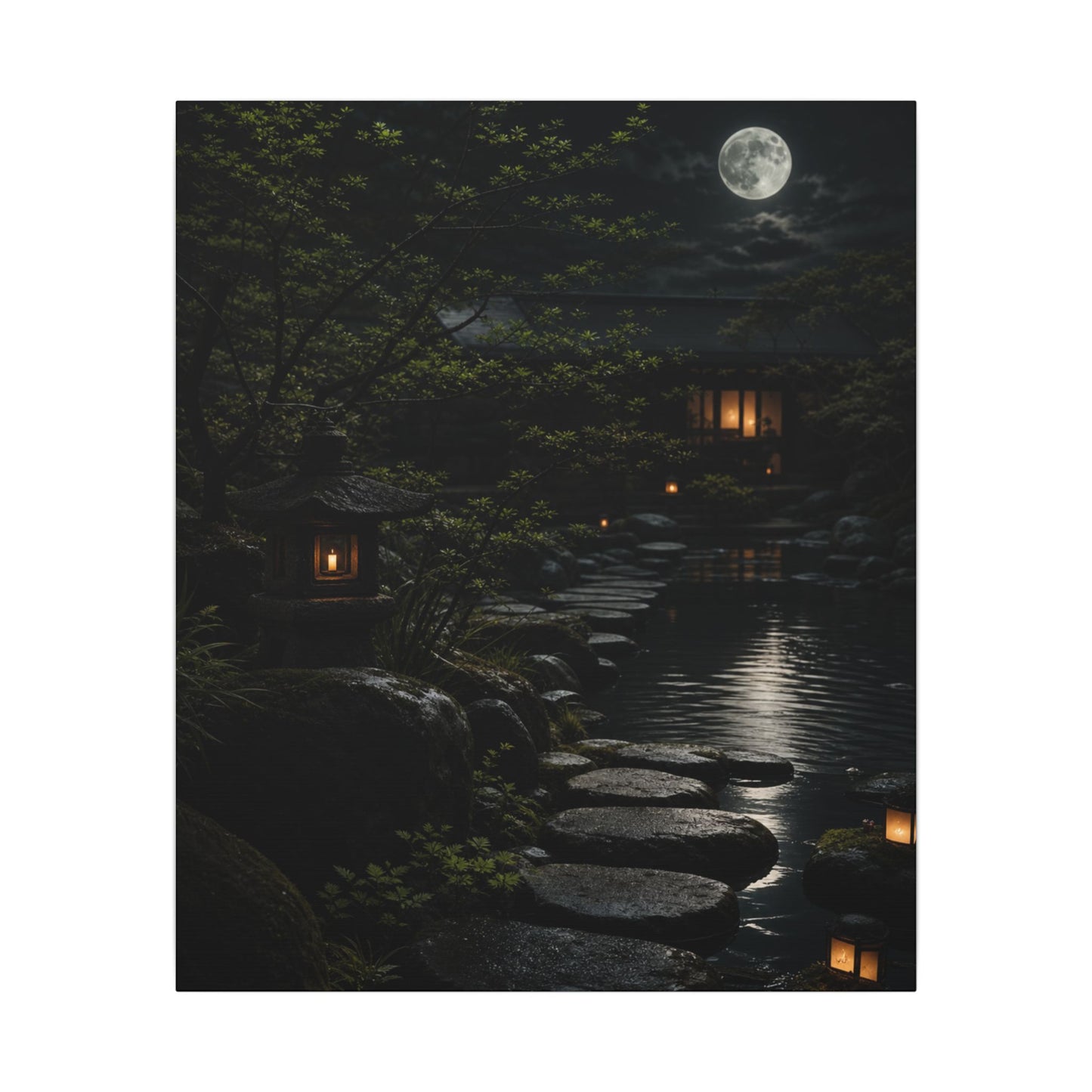 Moonlit Garden Shadow Zen Canvas Art | Sophisticated Dark Japandi Art