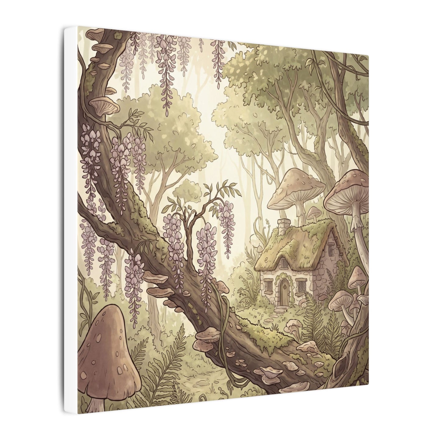 Summer Wisteria Mushroom Illustration Canvas Art | Enchanting Decor