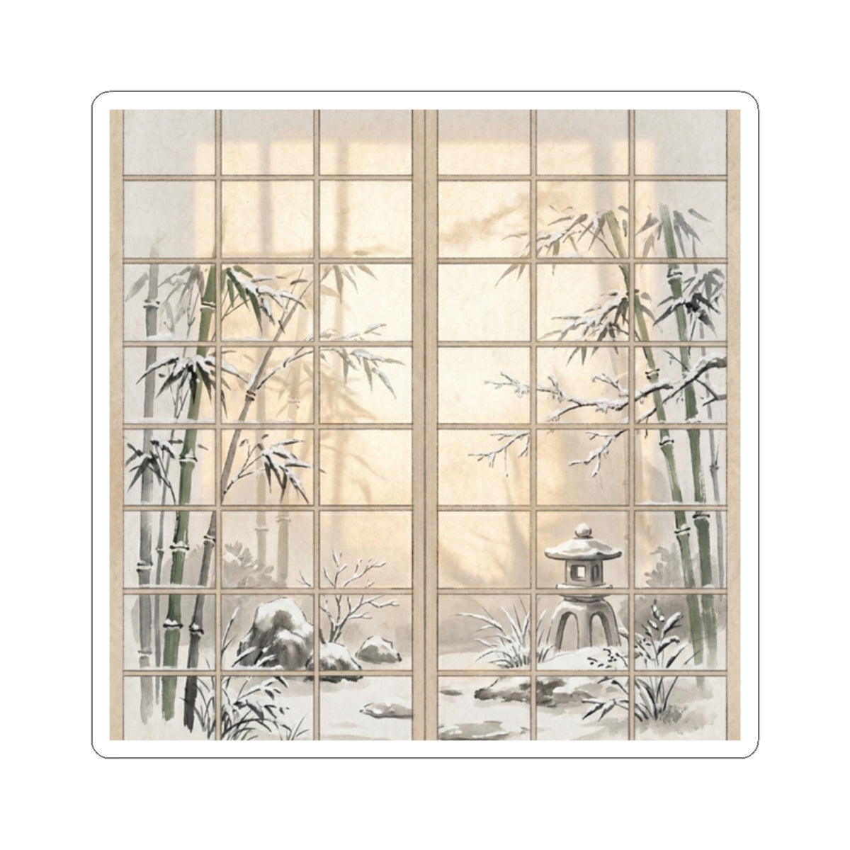 Winter Shoji Screen Sumi E Sticker | Peaceful Decor Art Print