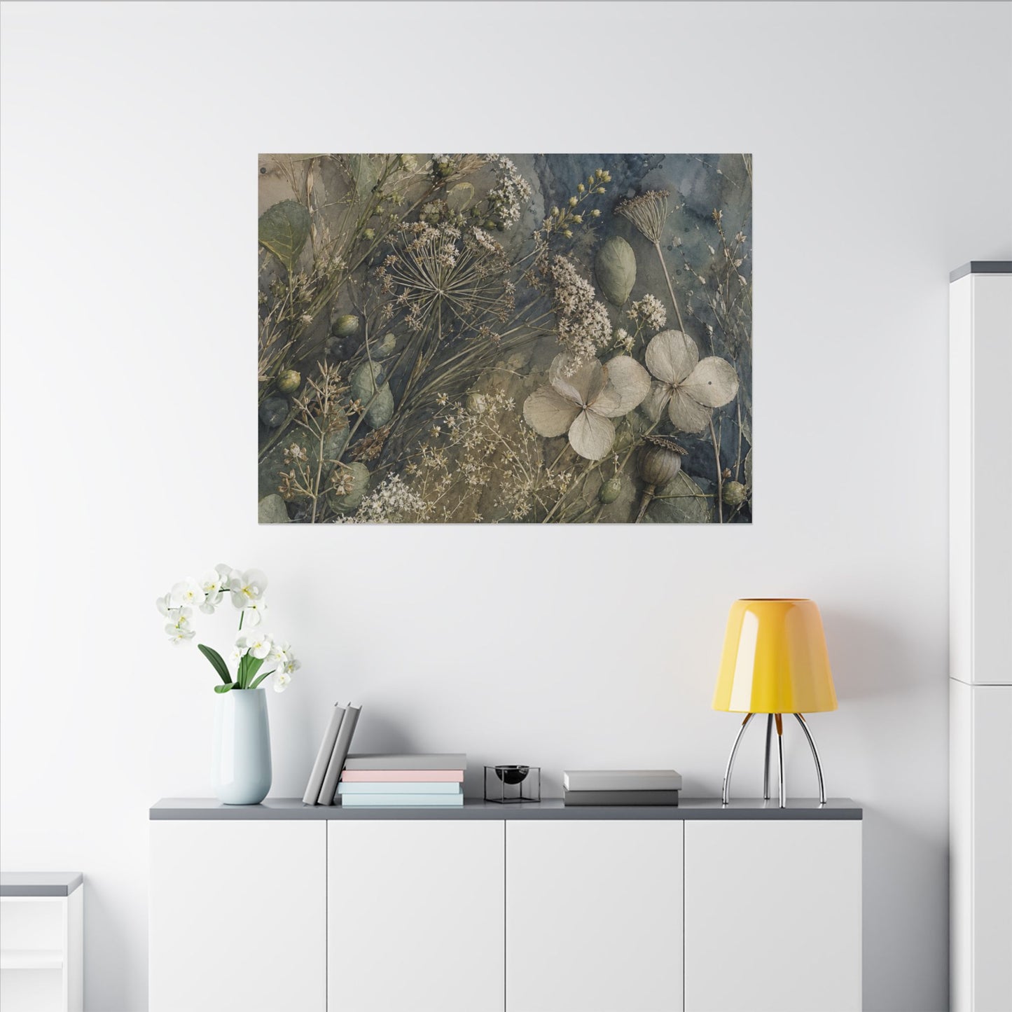Japandi Dried Flowers in Moonlight | Watercolor Canvas Art