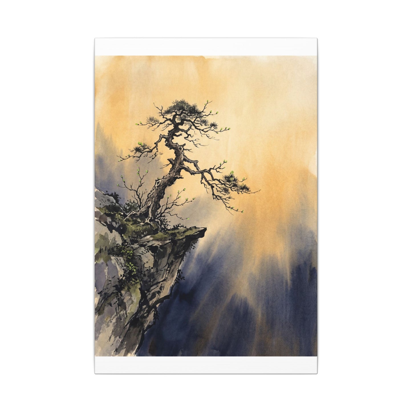 Zen Pine Tree in Golden Hour | Sumi E Canvas Art