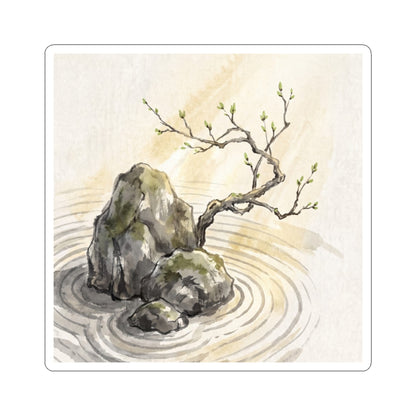 Zen Rock Garden in Golden Hour | Sumi E Sticker Art Print
