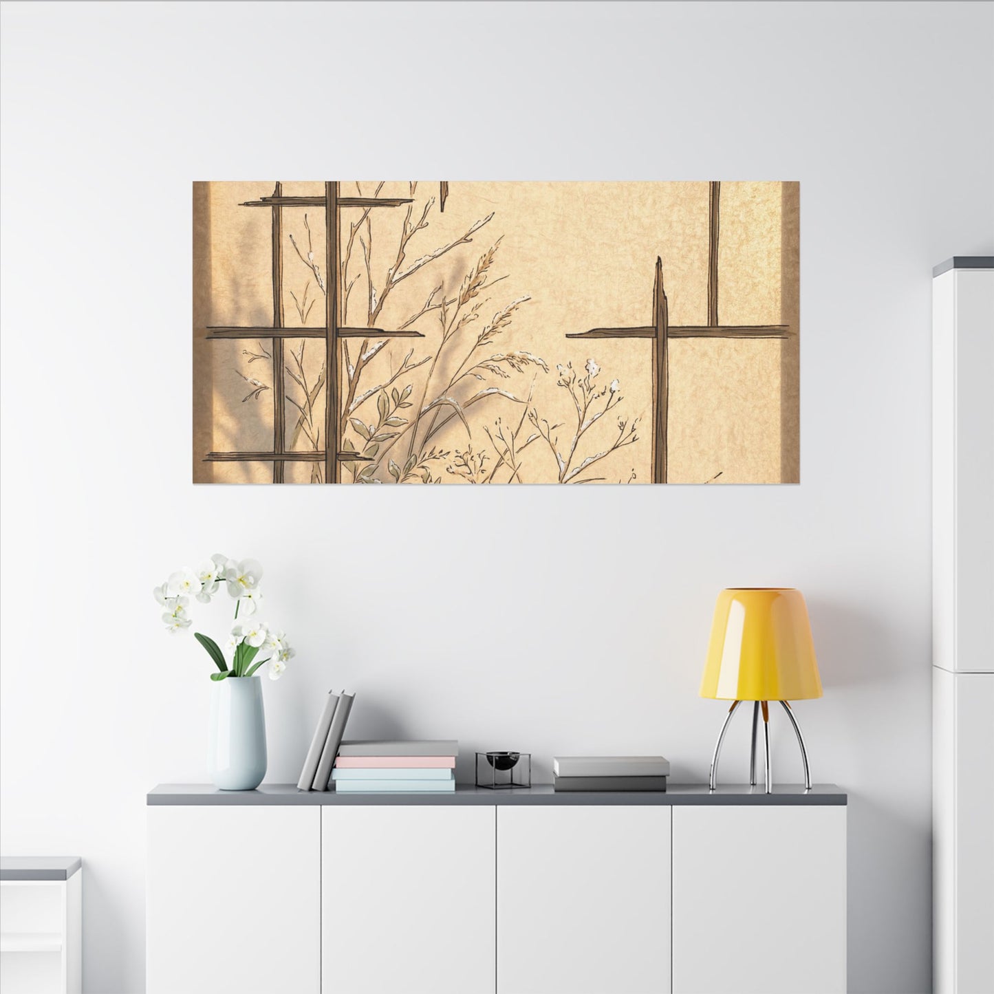Shoji Screen Canvas Art | Winter Japandi Minimal Line Art