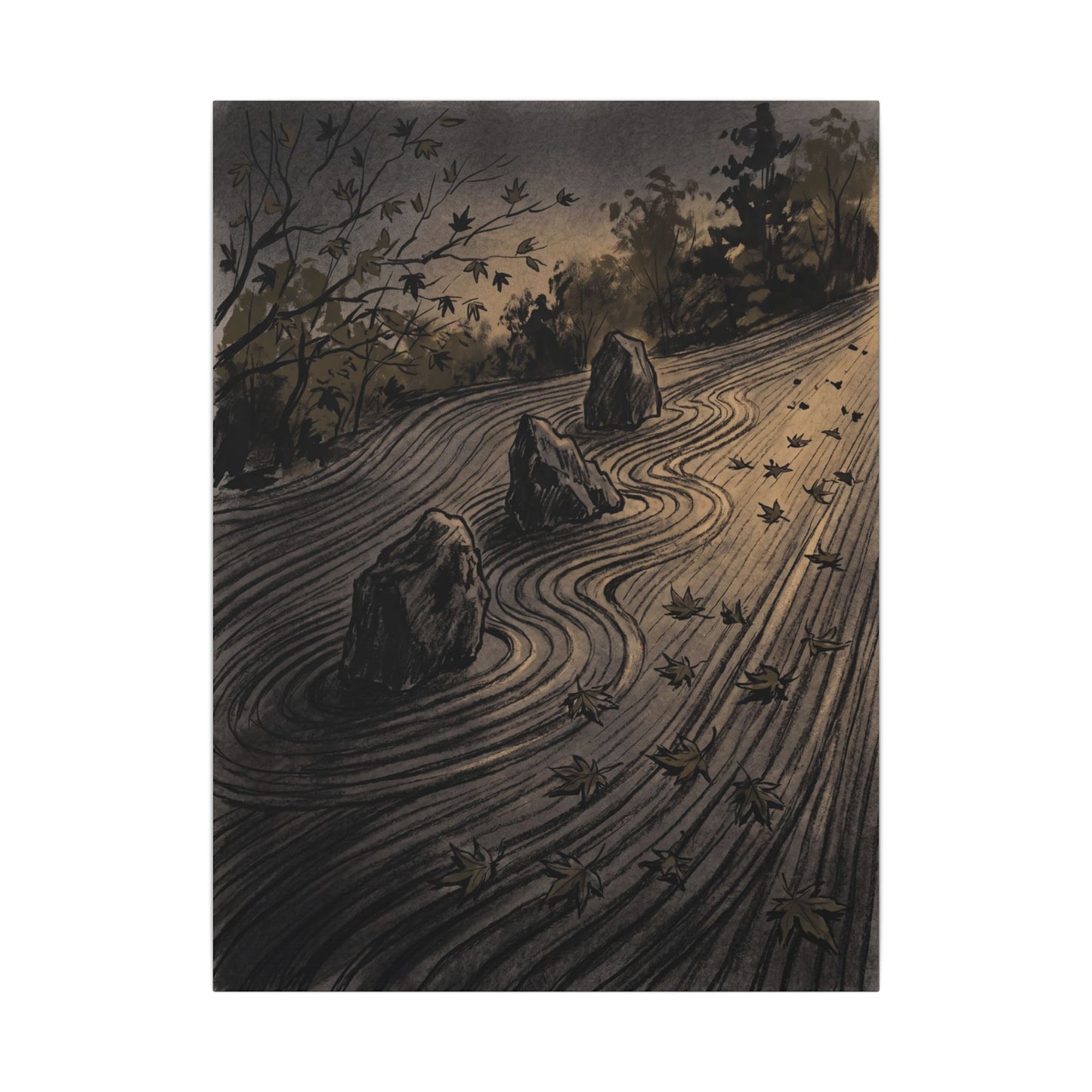 Rock Garden Canvas Art | Autumn Dark Japandi Charcoal Ink Art