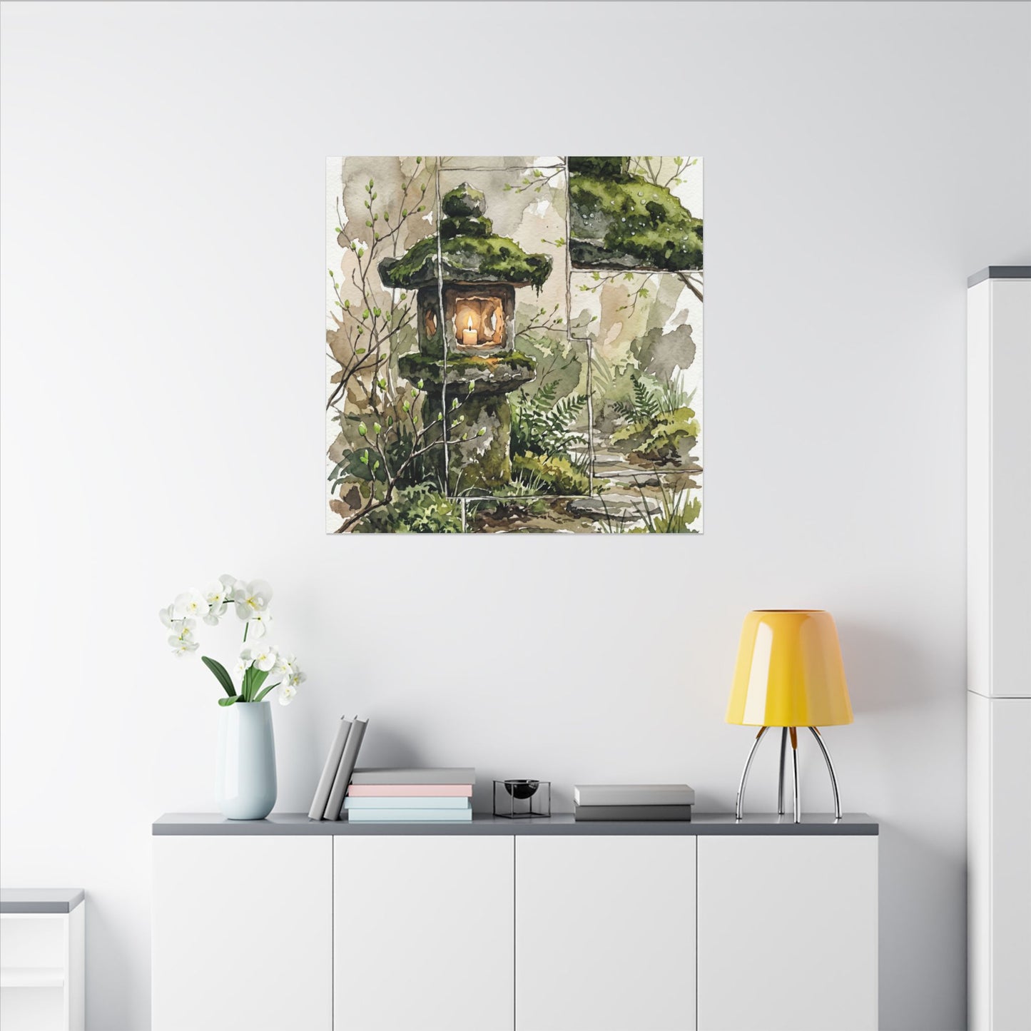 Stone Lantern Watercolor Canvas Art | Elegant Japandi Art