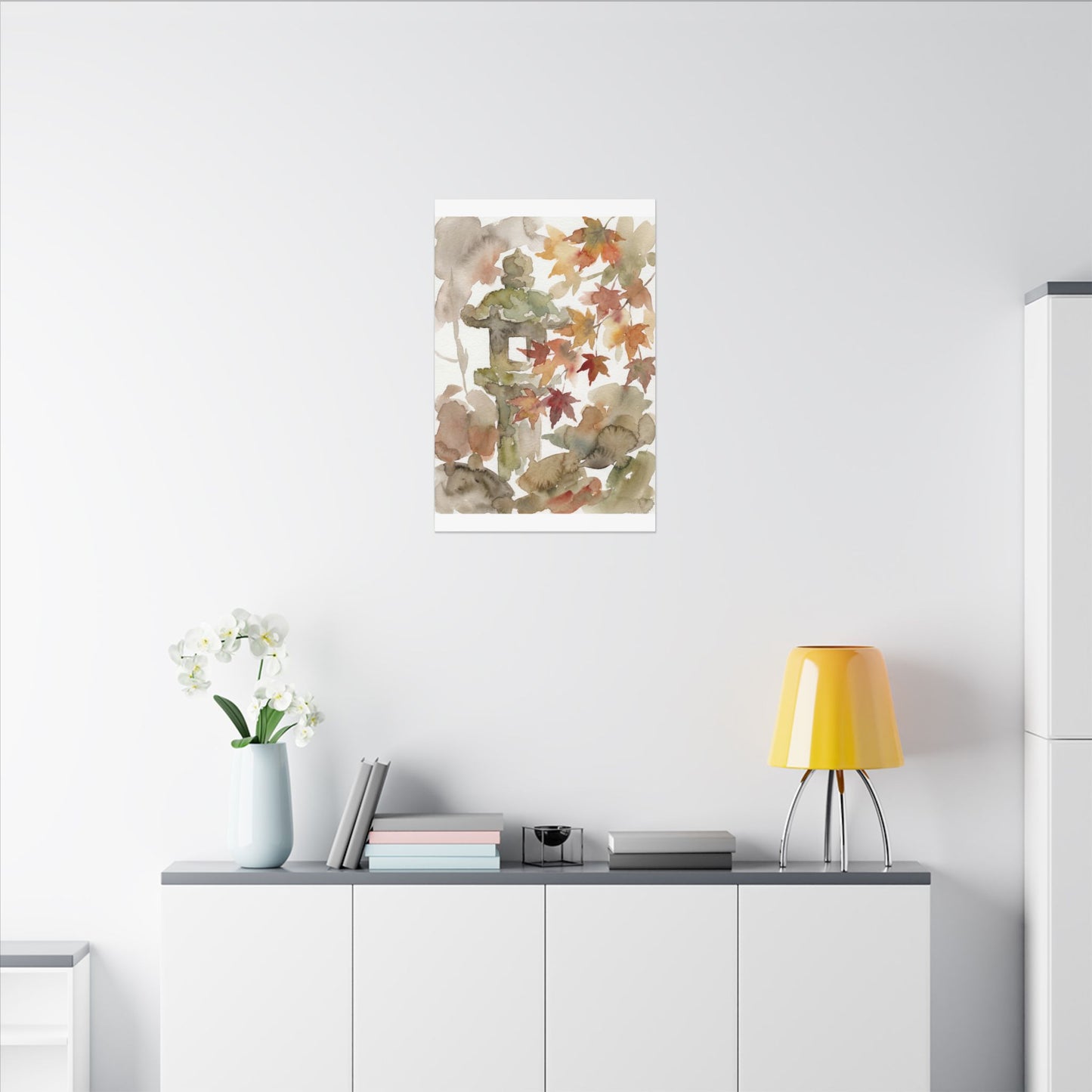 Stone Lantern Watercolor Canvas Art | Earthy Japandi Art