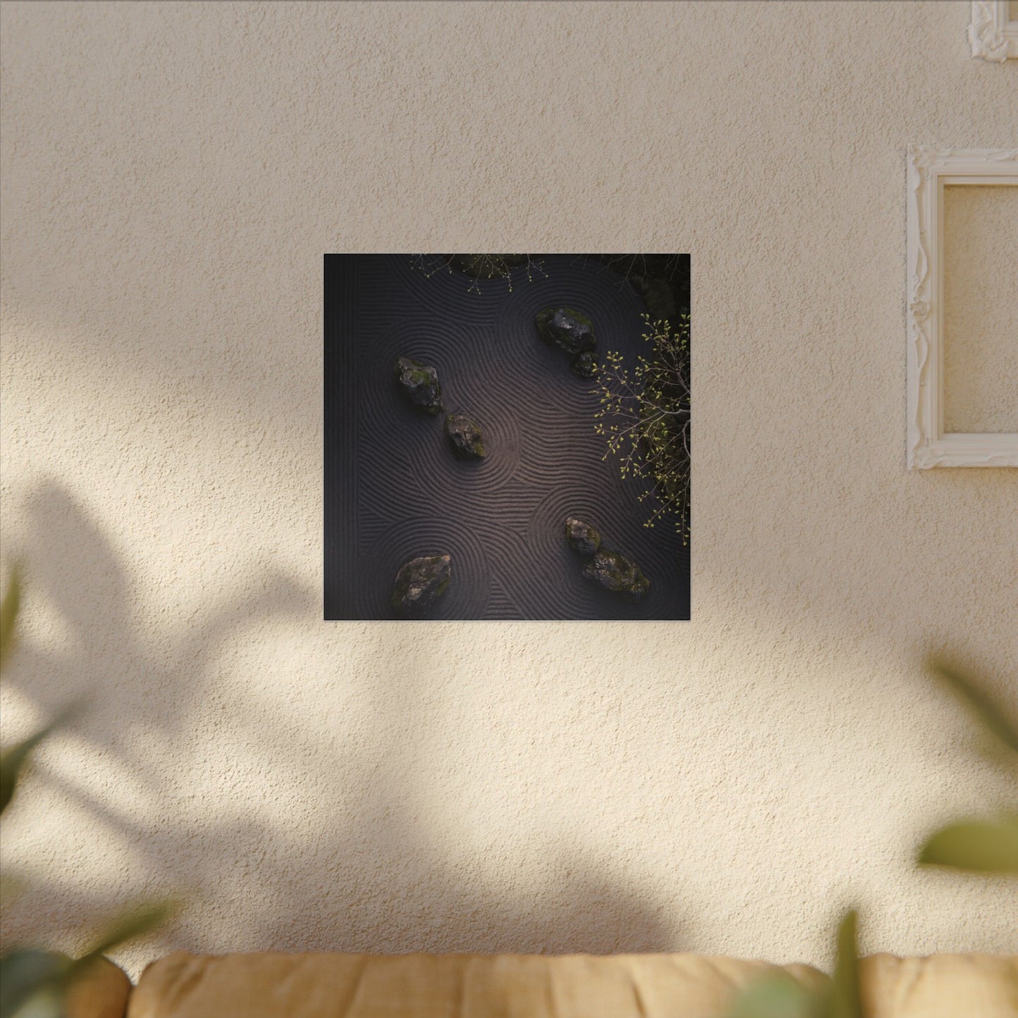 Dark Japandi Rock Garden in Dawn | Shadow Zen Canvas Art