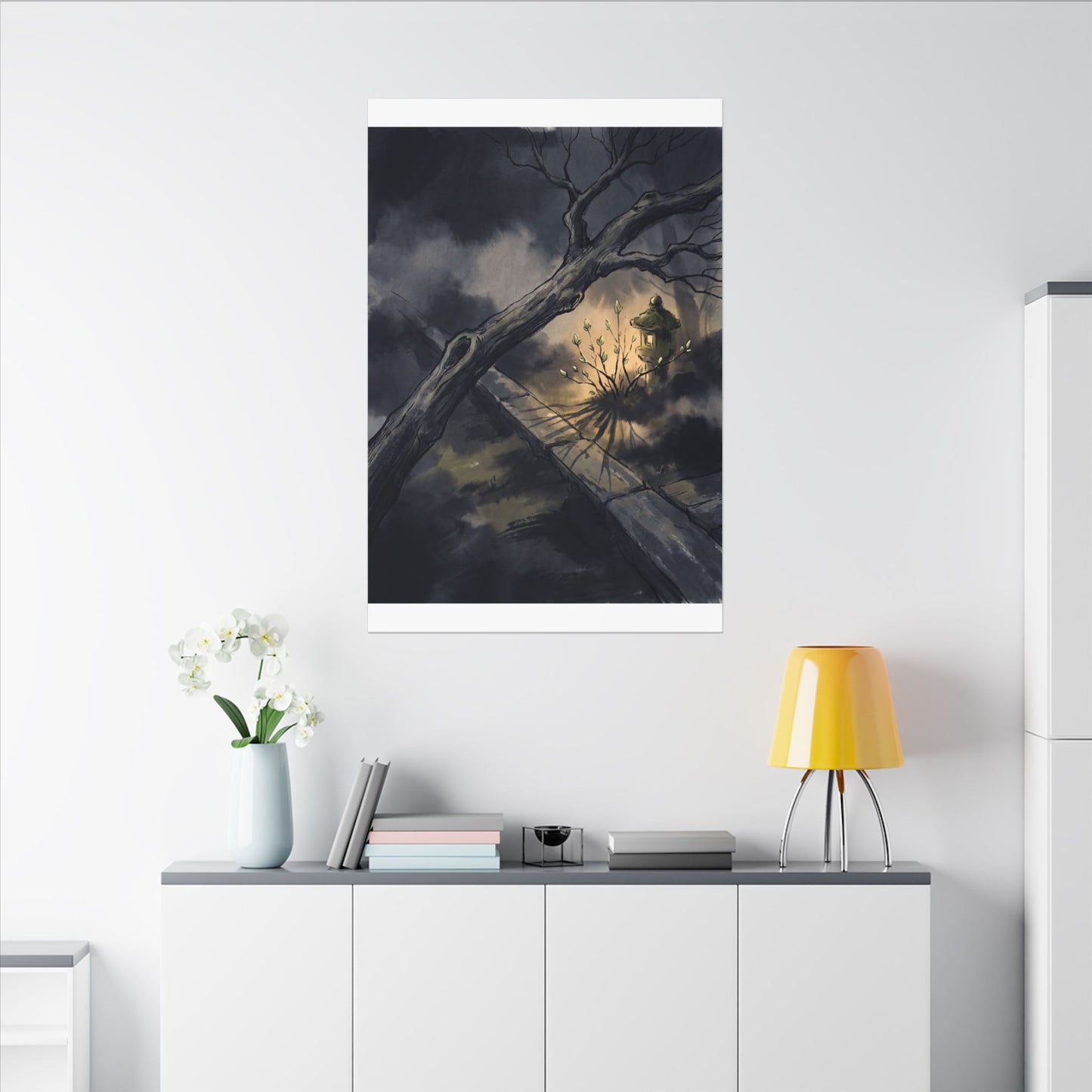 Dark Japandi Moonlit Garden in Golden Hour | Charcoal Ink Canvas Art