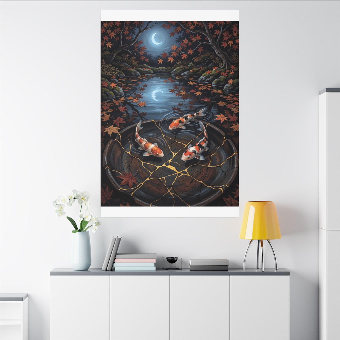Koi Pond Canvas Art | Autumn Kintsugi Gold Repair Art