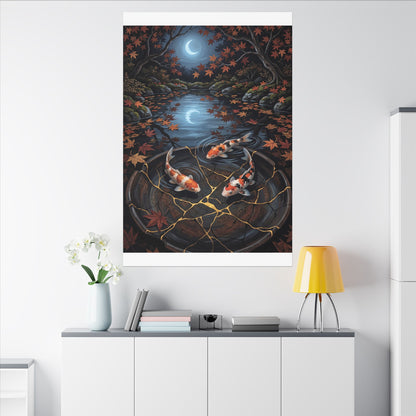 Koi Pond Canvas Art | Autumn Kintsugi Gold Repair Art