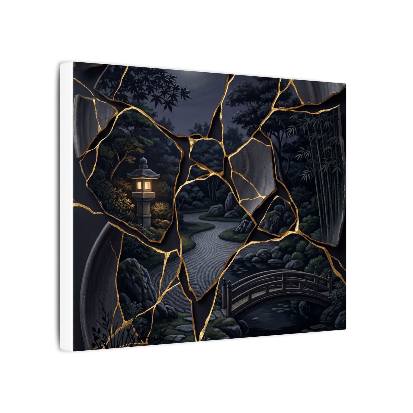 Kintsugi Moonlit Garden in Golden Hour | Gold Repair Canvas Art