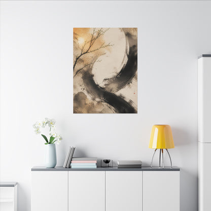 Japandi Ink Brushstroke in Golden Hour | Watercolor Canvas Art