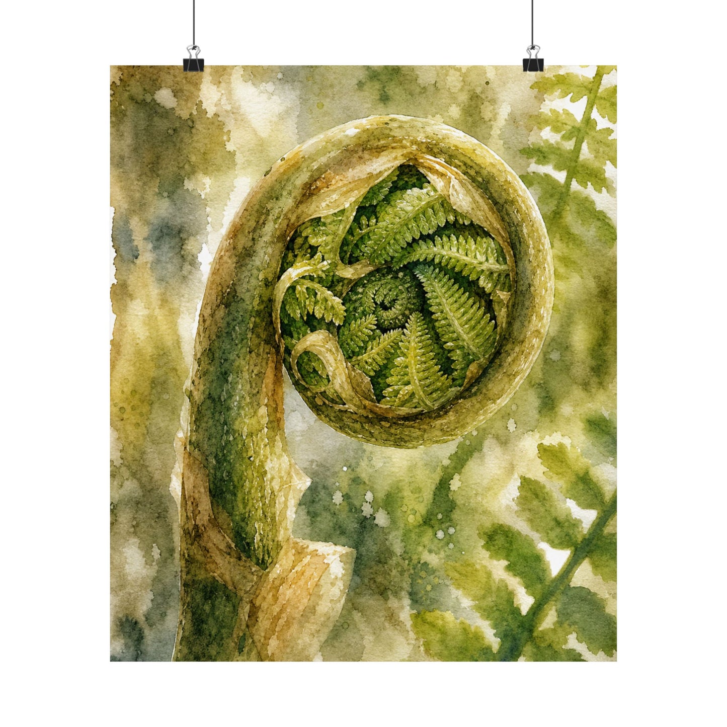 Elegant Fern Unfurling Wall Art Print - Watercolor Japandi