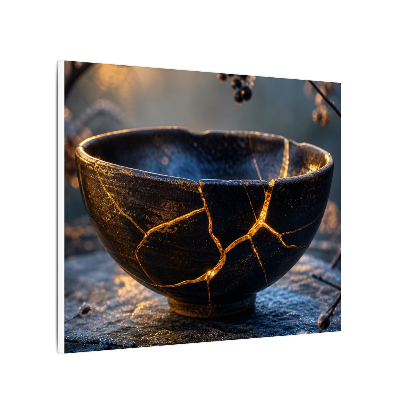 Ceramic Bowl Canvas Art | Winter Kintsugi Gold Repair Art