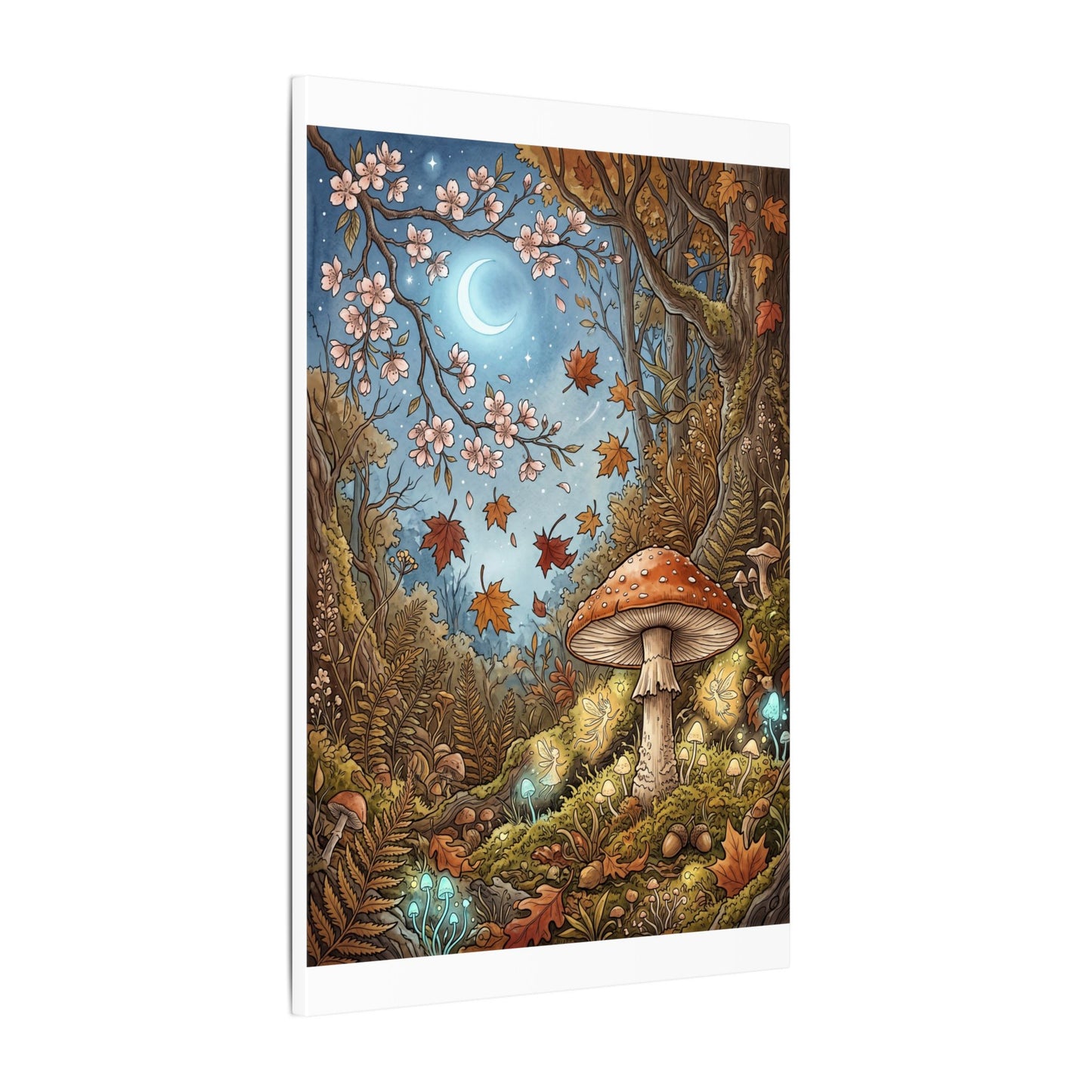 Autumn Cherry Blossom Mushroom Illustration Canvas Art | Enchanting Decor