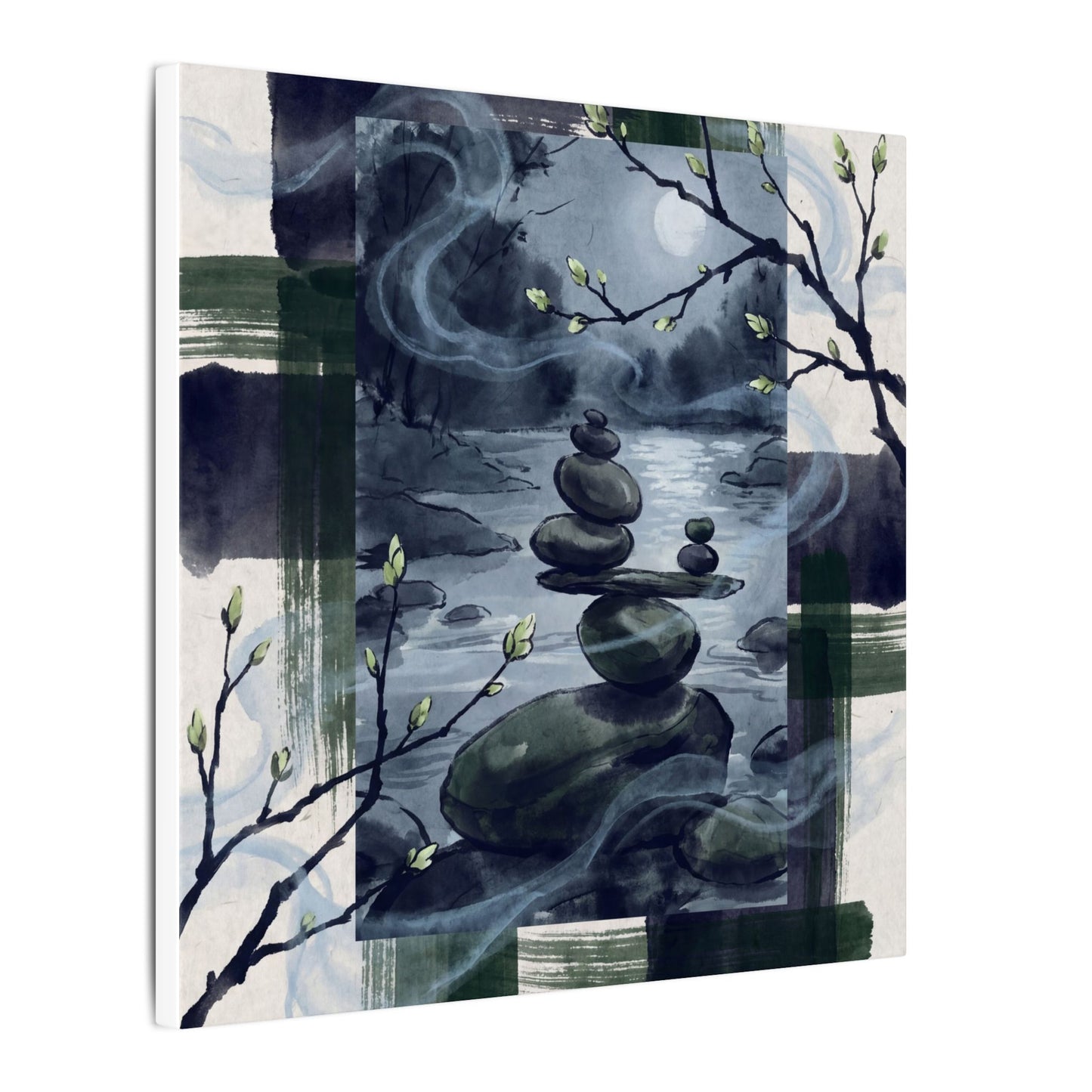 Moonlight River Stones Canvas Art - Zen Shibui